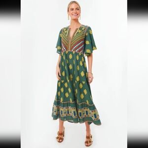 Tuckernuck Oliphant Green Lucknow Flirty V-neck Maxi Dress Size XS Embroidered
